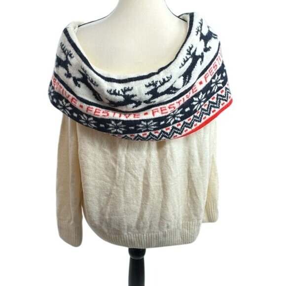 H&M Holiday Sweater Womens Size L Cream Cowl Neck Festive Reindeer Snowflake - Picture 5 of 7